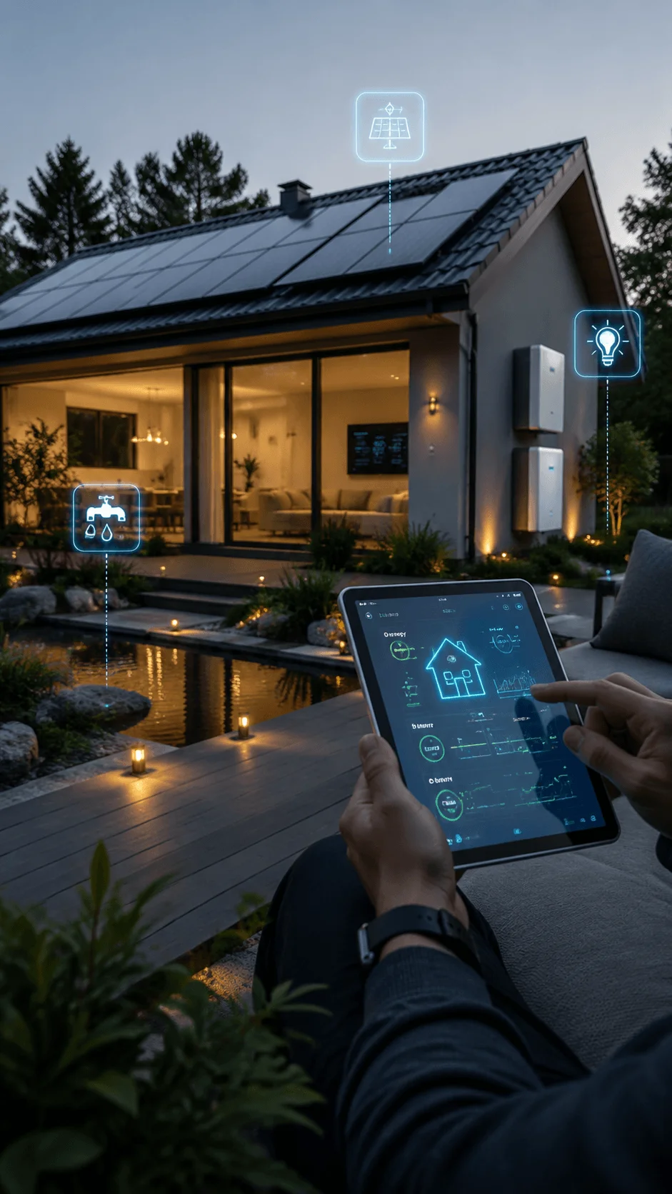 AI powered sustainable home managed through smart tablet controls with solar panels intelligent energy monitoring water management and automated eco friendly home systems