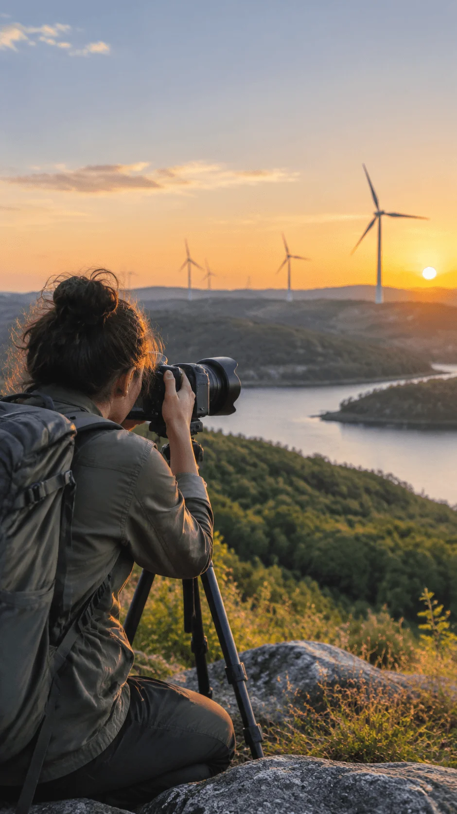 Power of sustainable visual storytelling showing a photographer capturing a renewable energy landscape with wind turbines, forest, water, and natural scenery during sunset to highlight environmental awareness and climate focused photography