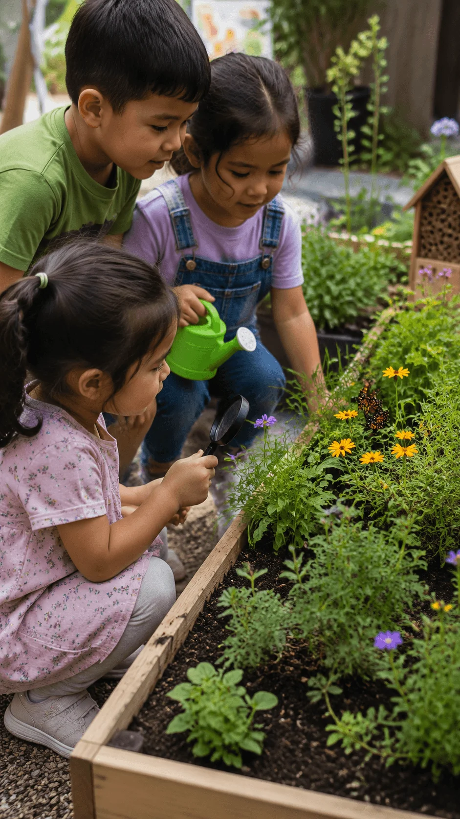 Children exploring a biodiversity garden with plants flowers and insects during an outdoor kindergarten nature activity