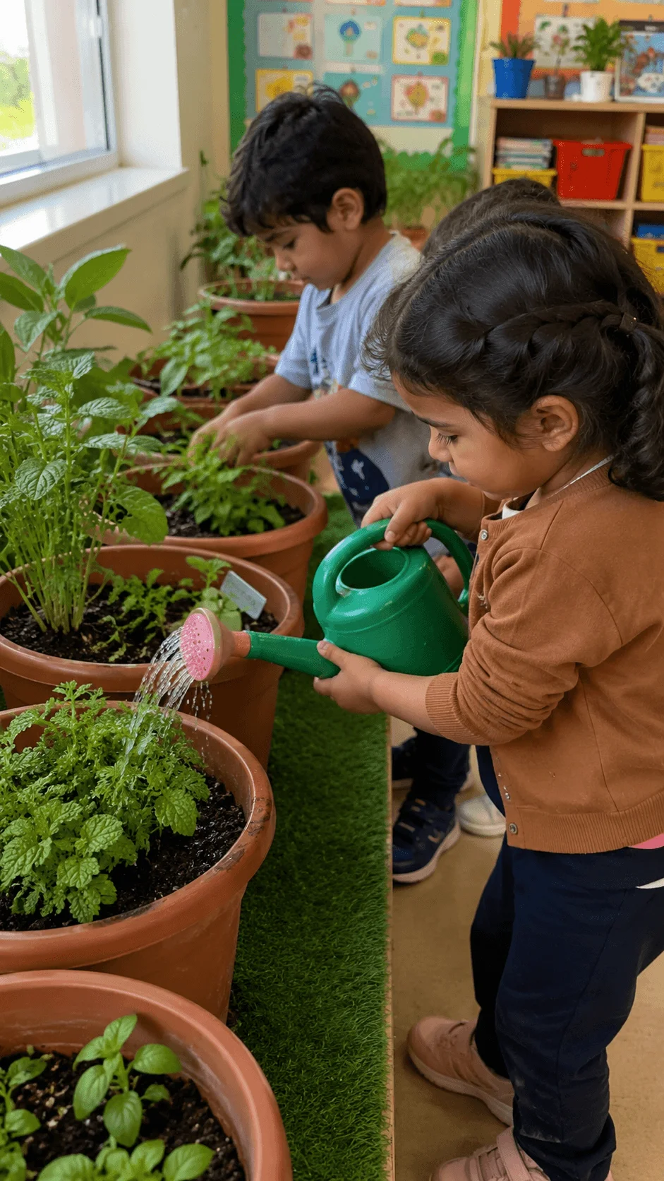 Preschool children watering and caring for green plants in pots as part of a hands on classroom gardening activity.