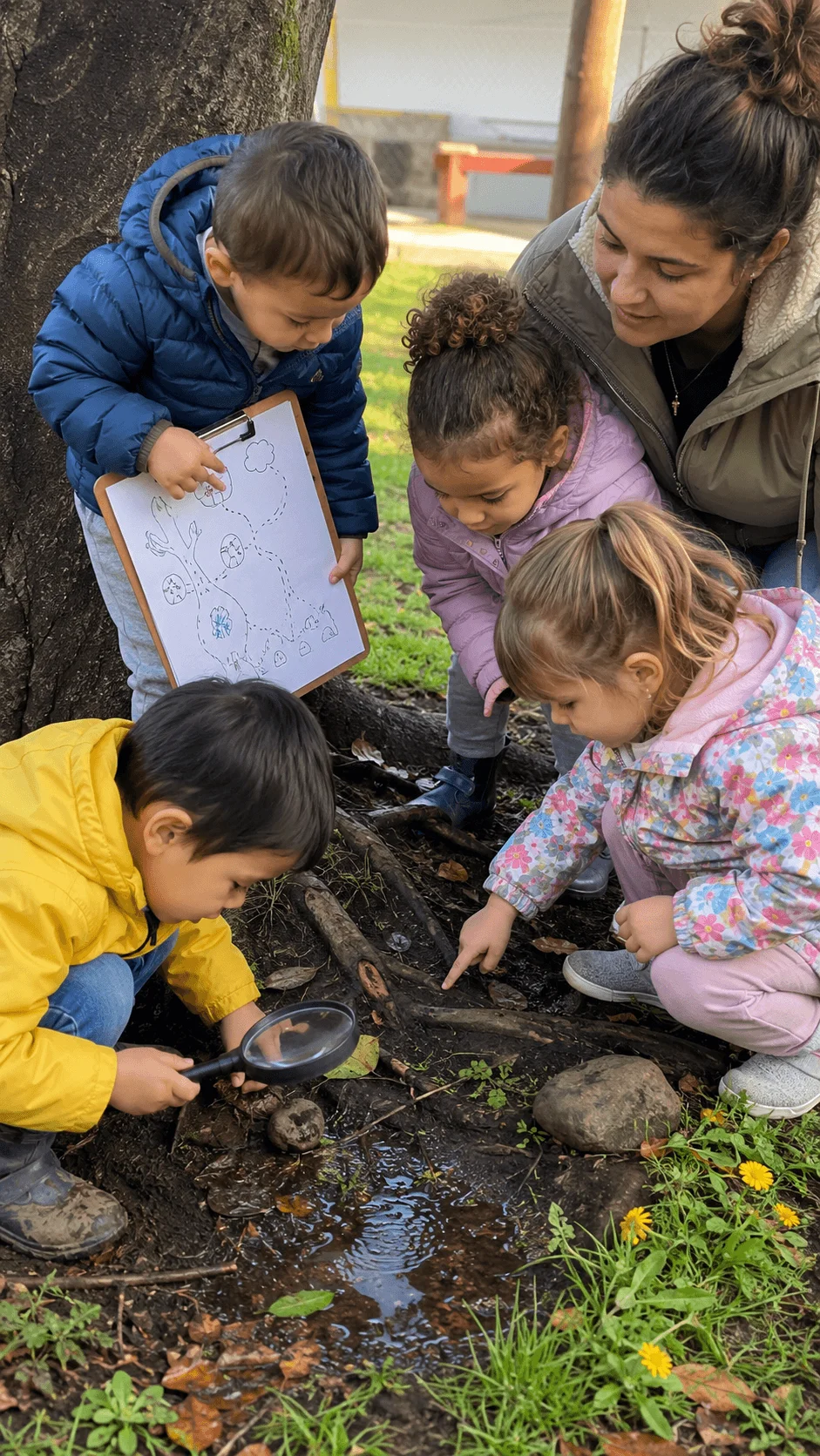 Preschool children and teacher mapping a tiny habitat while observing soil plants sticks stones and water with a magnifying glass