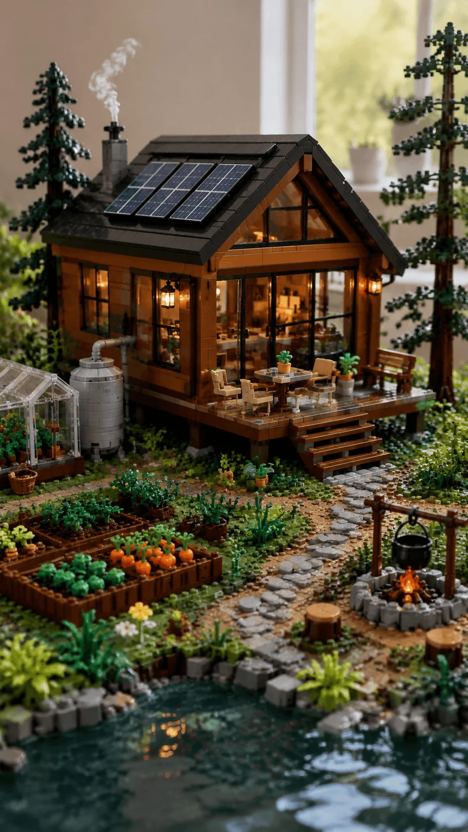 Realistic LEGO tiny sustainable cabin with solar panels vegetable garden greenhouse rainwater tank forest landscape pond and eco friendly outdoor living space