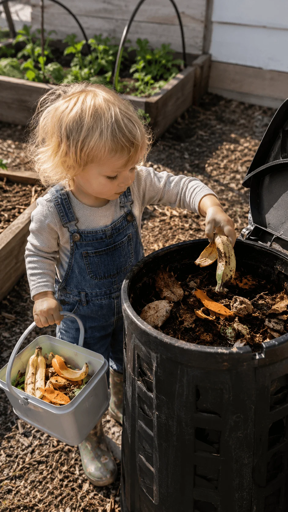 Toddler adding banana peels and food scraps to an outdoor compost bin