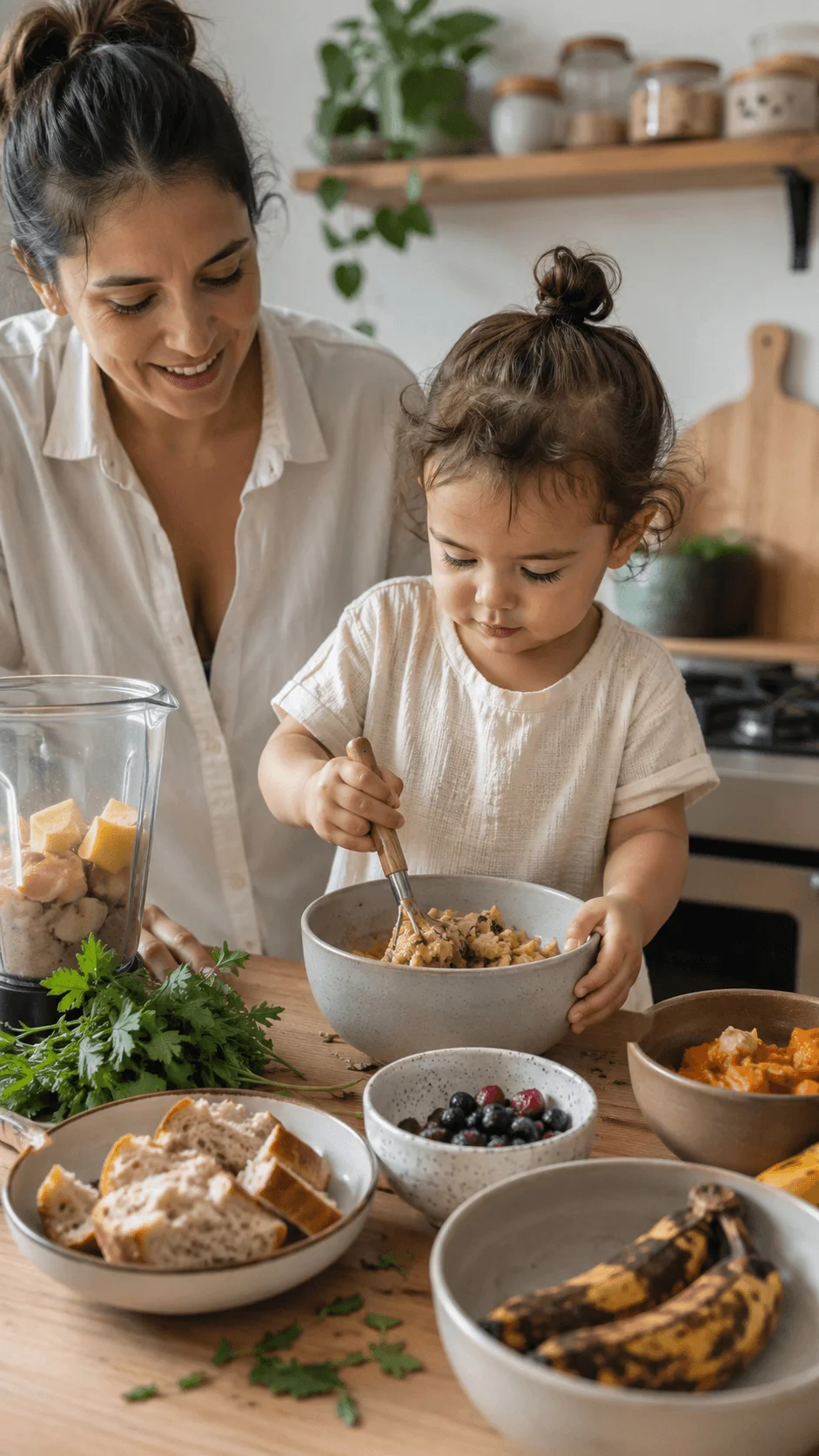 Toddler helping prepare a meal from leftover food scraps with her mother in the kitchen