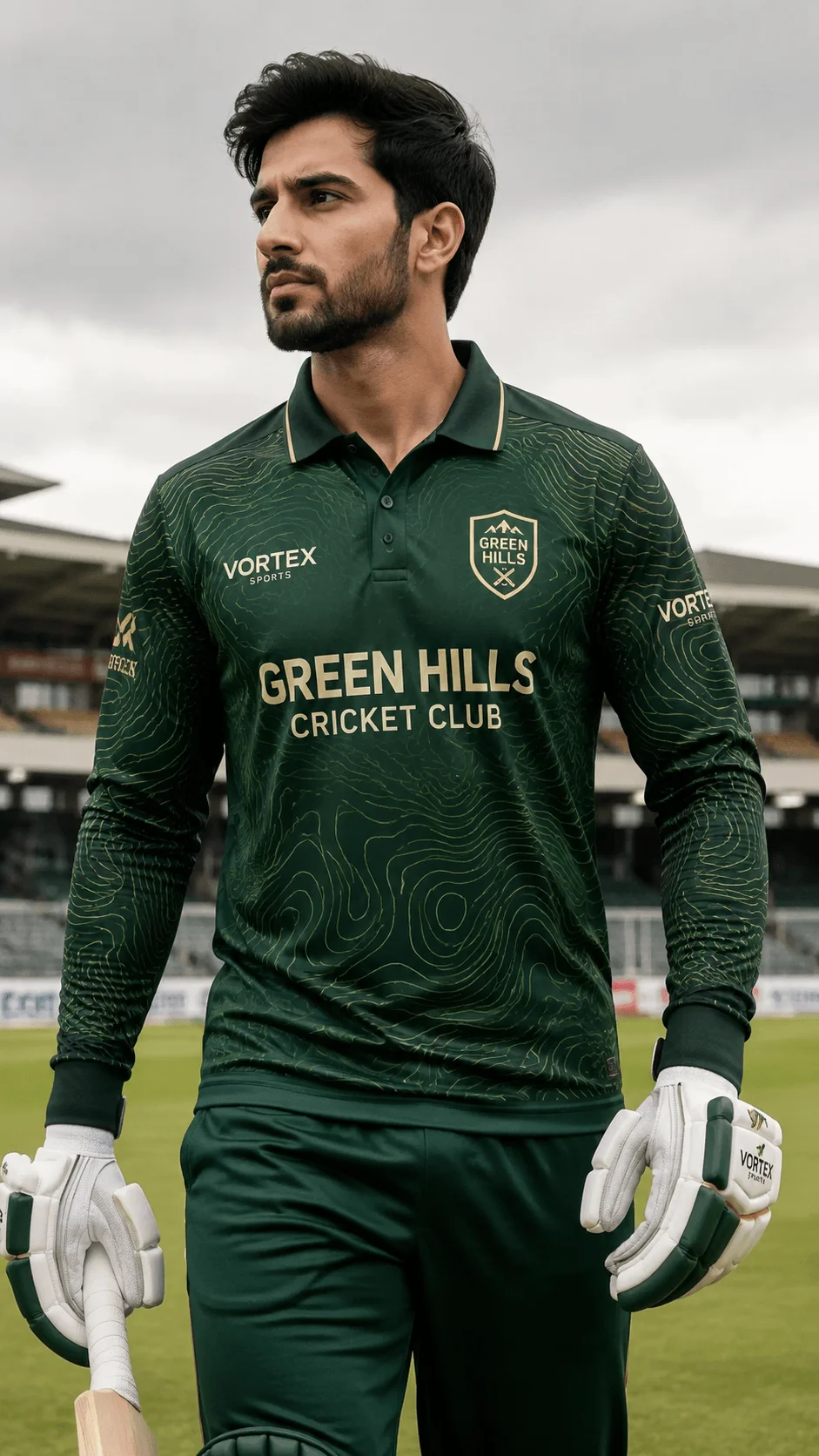 Dark green full sleeve cricket jersey with a tonal topographic pattern worn by a batsman in a stadium