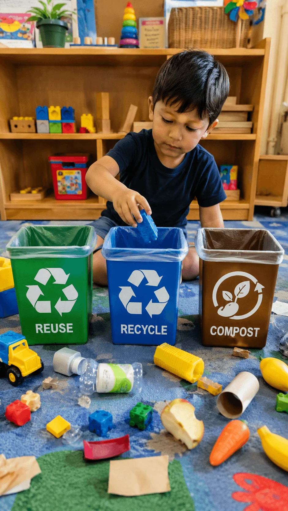 Preschool child sorting everyday items into reuse, recycle, and compost bins during a hands on classroom sustainability activity.