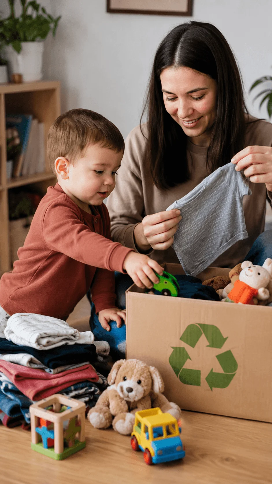 Toddler helping his mother place outgrown clothes and toys into a donation box for reuse