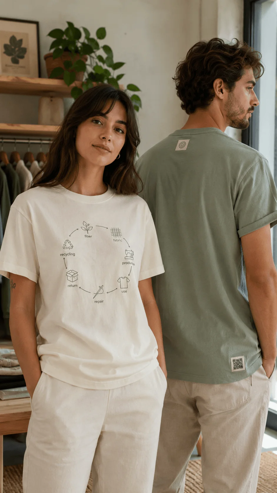 Traceable circular sustainable T shirt with product lifecycle graphic QR code label and eco friendly fashion design promoting repair reuse and recycling