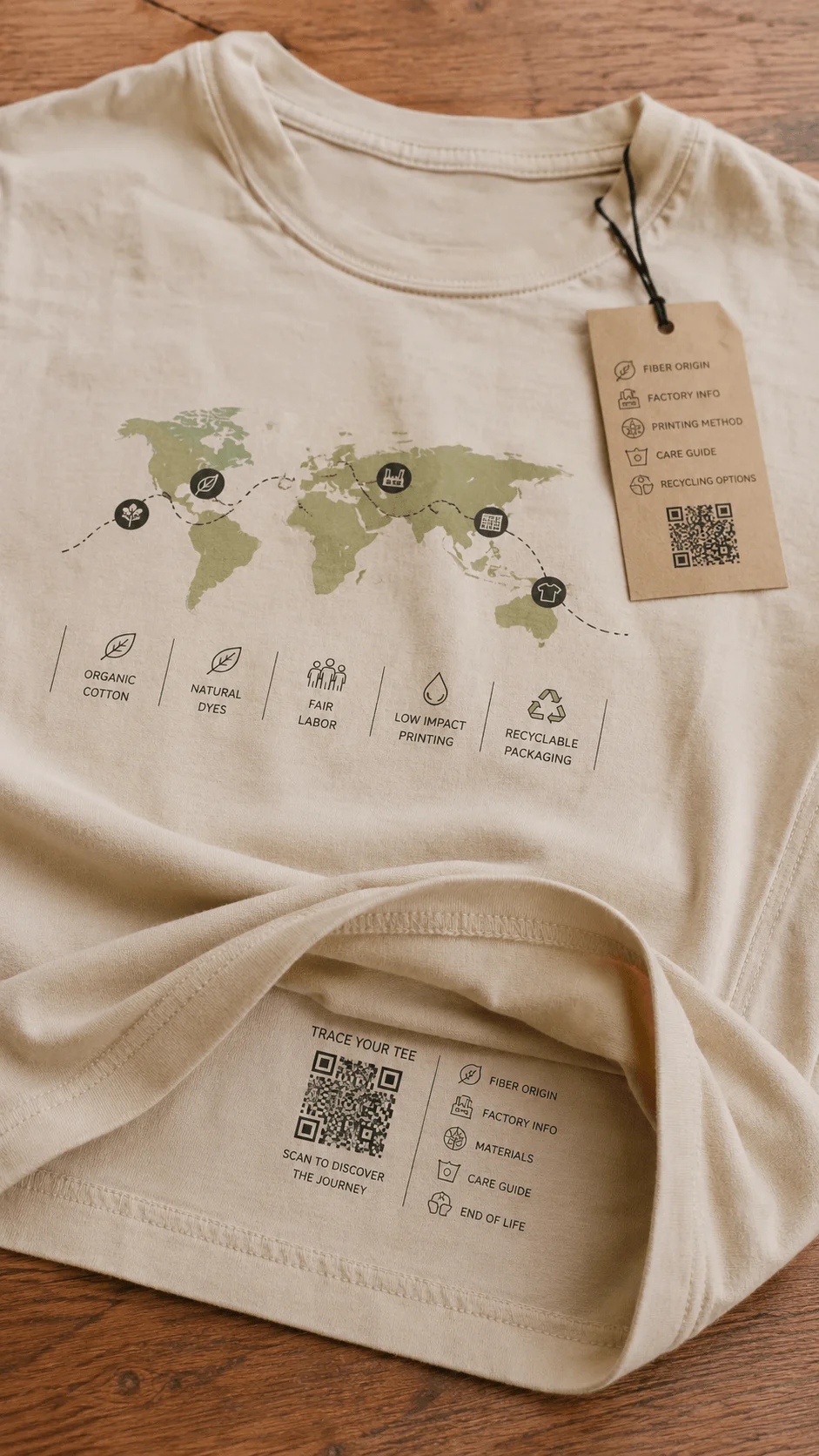 Traceable sustainable T shirt with supply chain map QR codes fiber origin factory details care guide and recycling information