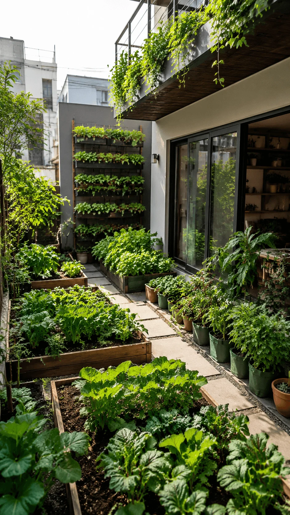 Urban sustainable home garden with raised vegetable beds vertical planters edible plants and productive green spaces supporting self sufficient eco friendly living