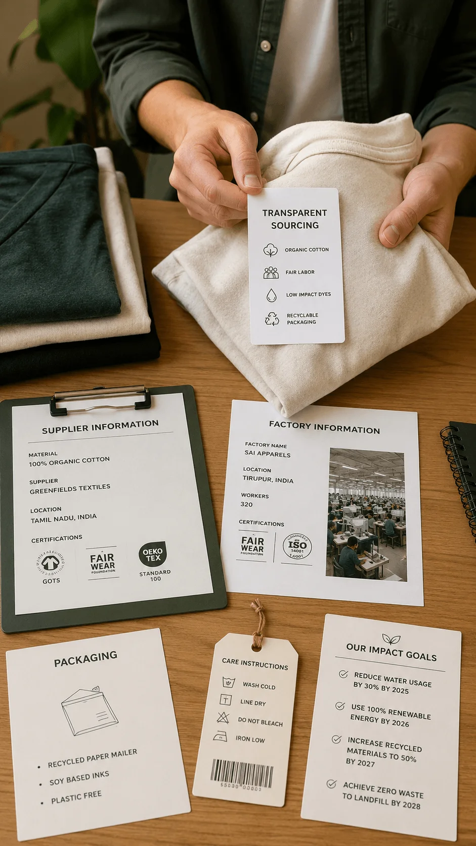 Transparent sourcing for sustainable T shirts with organic cotton supplier details factory information recyclable packaging care instructions and measurable impact goals