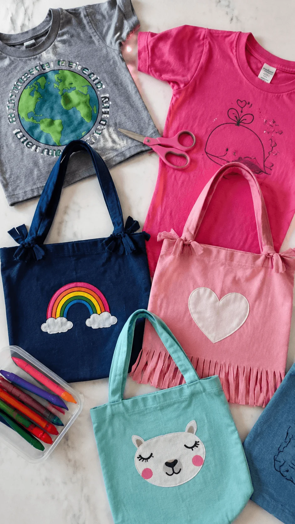 Upcycled t shirts transformed into colorful reusable tote bags with creative handmade designs and craft supplies for sustainable fashion projects