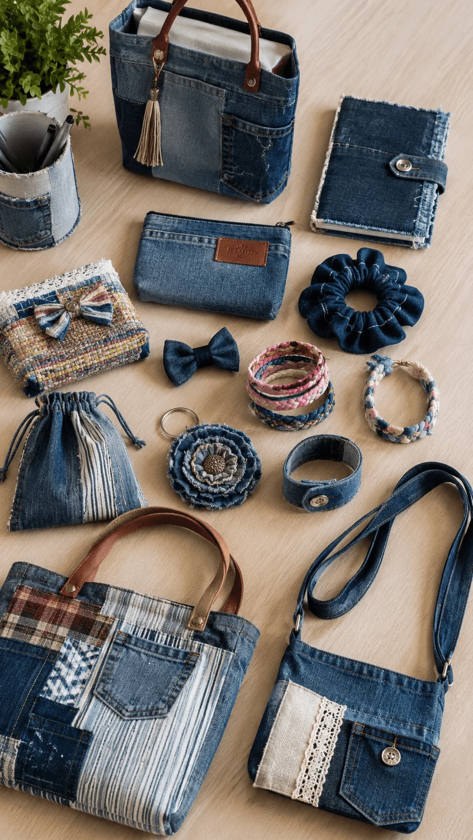 Upcycled fashion accessories made from recycled denim and fabric including tote bags wallets bracelets scrunchies keychains pouches and handmade organizers promoting sustainable fashion and creative textile reuse