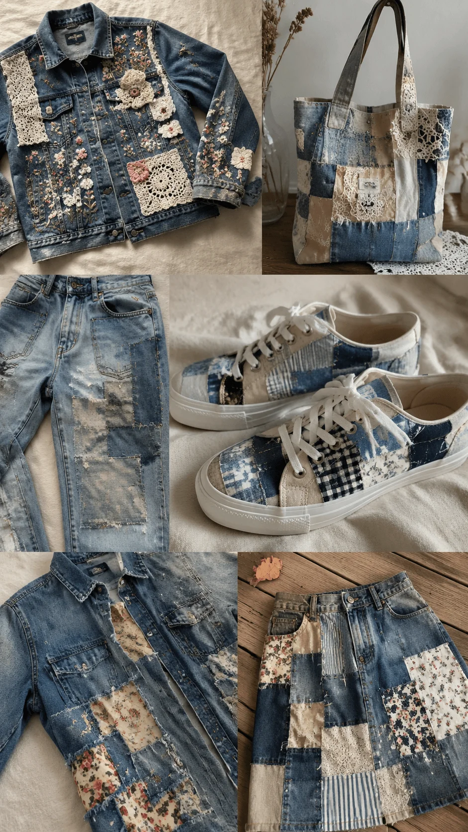 Upcycled fashion collection featuring redesigned denim jacket jeans shoes and tote bag with creative fabric patches embroidery and sustainable clothing transformation details
