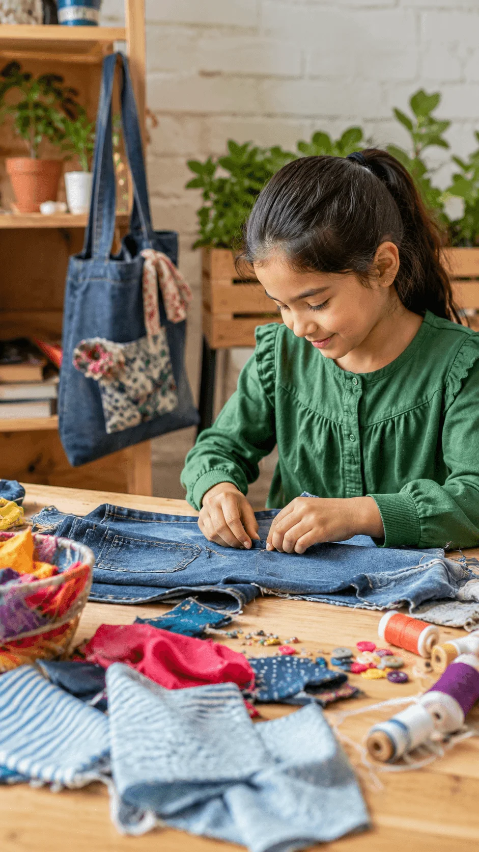 Child creating an upcycled fashion design project by sewing and transforming old denim fabric into sustainable clothing crafts