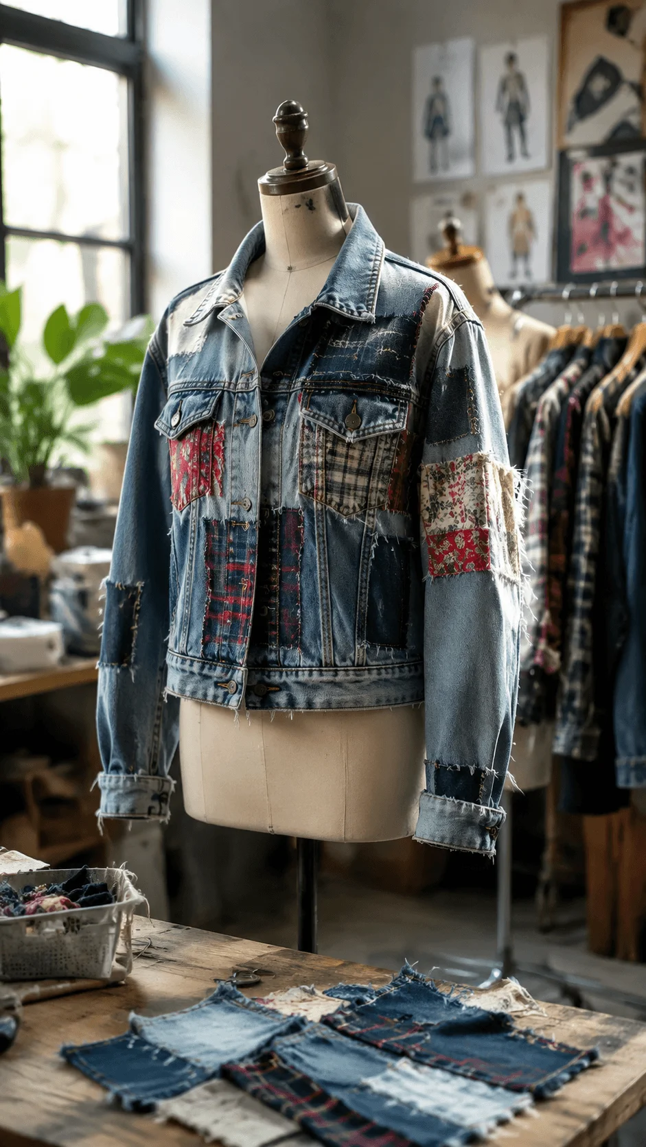 Upcycled fashion design featuring a vintage denim jacket redesigned with recycled fabric patches and creative sustainable clothing techniques in a fashion studio setting
