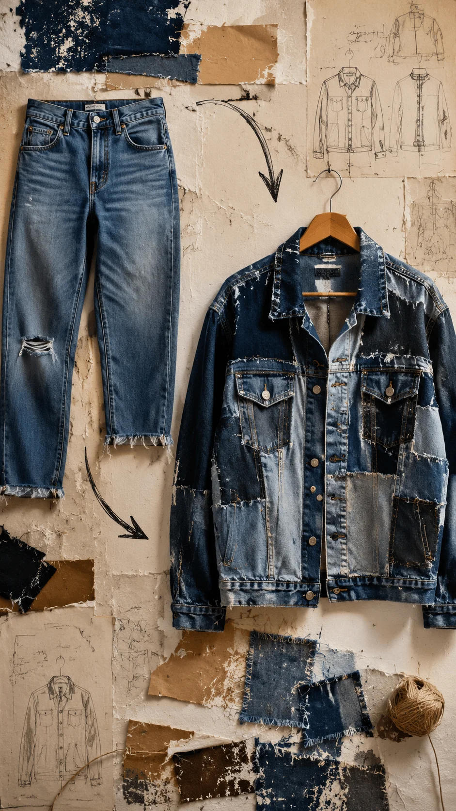 Upcycled fashion poster showing worn denim jeans transformed into a stylish patchwork jacket with fabric scraps, clothing sketches, and handcrafted design elements representing creative clothing reuse, textile recycling, and sustainable fashion innovation