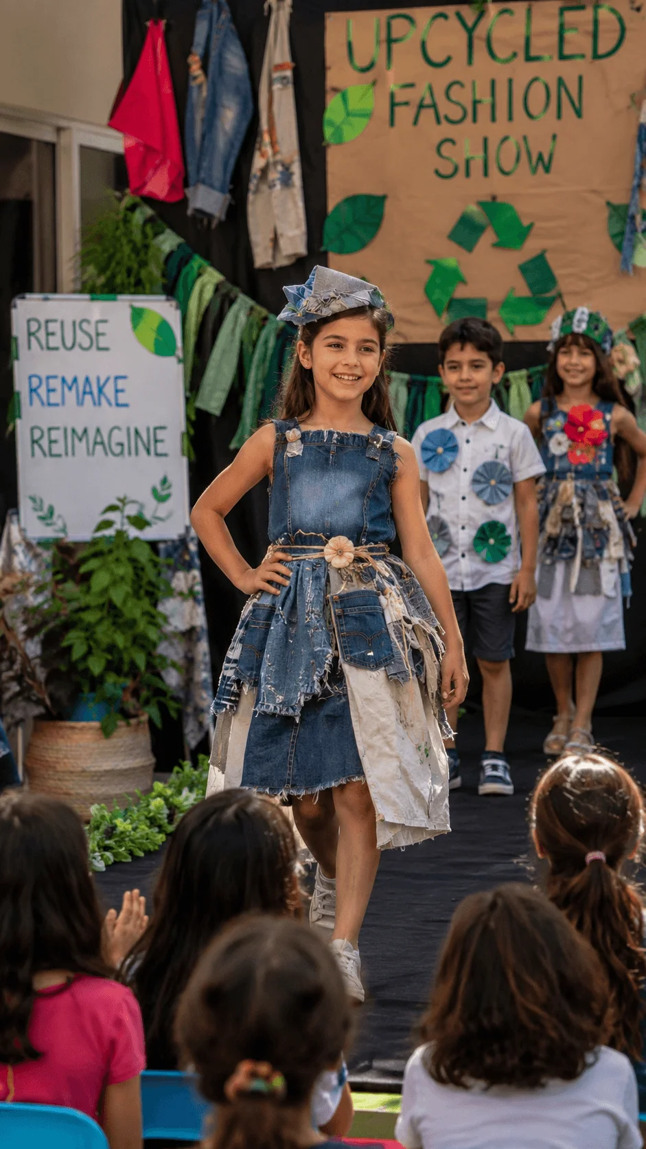 Children modeling creative outfits made from reused clothing and recycled materials during an upcycled fashion show