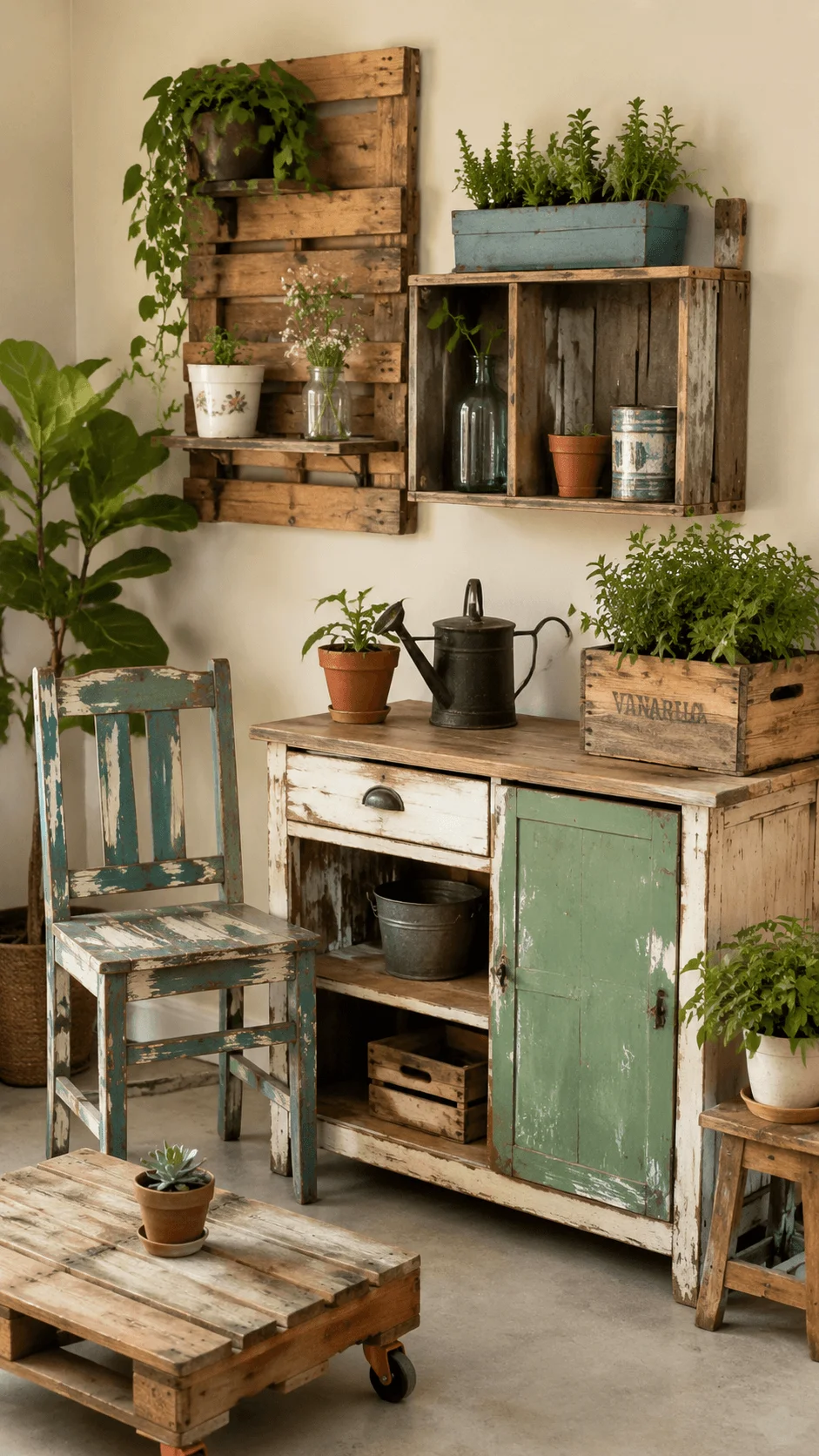 Upcycled furniture and salvaged material projects featuring reclaimed wood shelves vintage furniture plant displays and creative sustainable home decor ideas