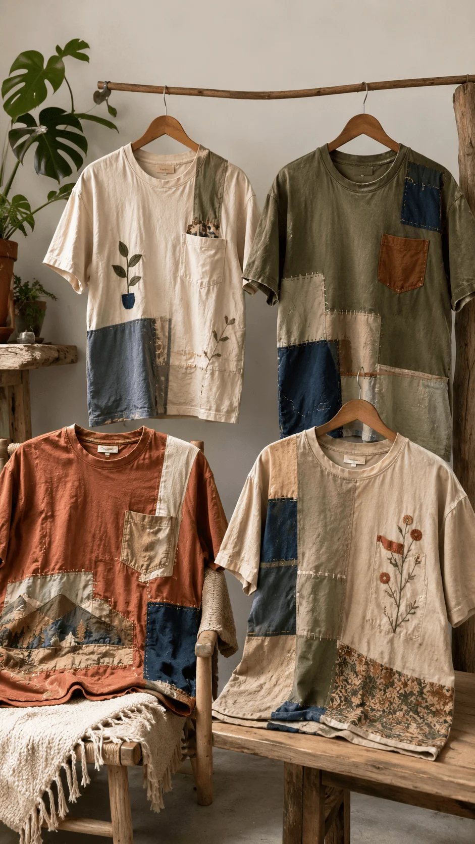 Upcycled patchwork graphic T shirts made from reclaimed fabric scraps with visible repair stitching embroidered details and sustainable handcrafted fashion designs