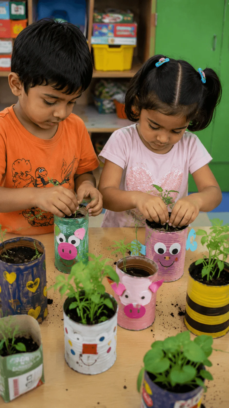 Preschool children planting seedlings in colorful upcycled containers decorated with creative animal designs during a hands on sustainability gardening activity.