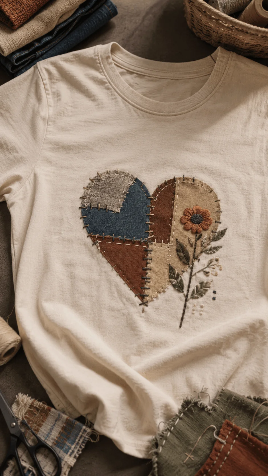 Upcycled T shirt featuring a patchwork heart with visible stitching fabric scraps and embroidered flower details