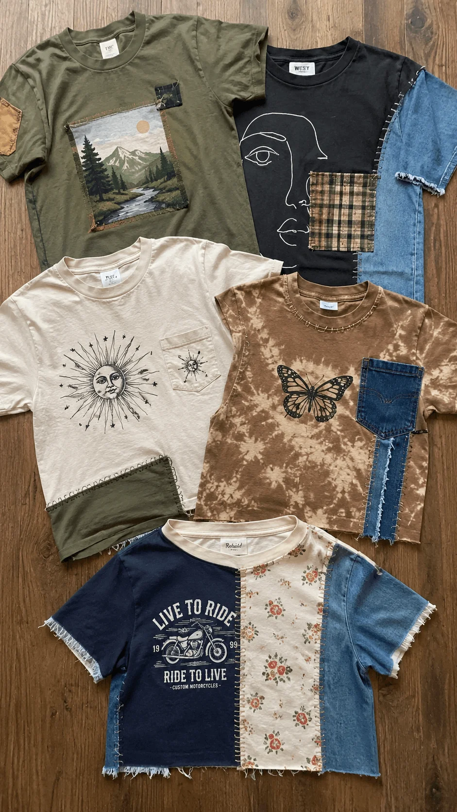 Upcycled vintage t shirt design ideas featuring creative recycled clothing with patchwork fabrics, handmade stitching, retro artwork, nature inspired graphics, and unique sustainable fashion styles arranged on a wooden background.