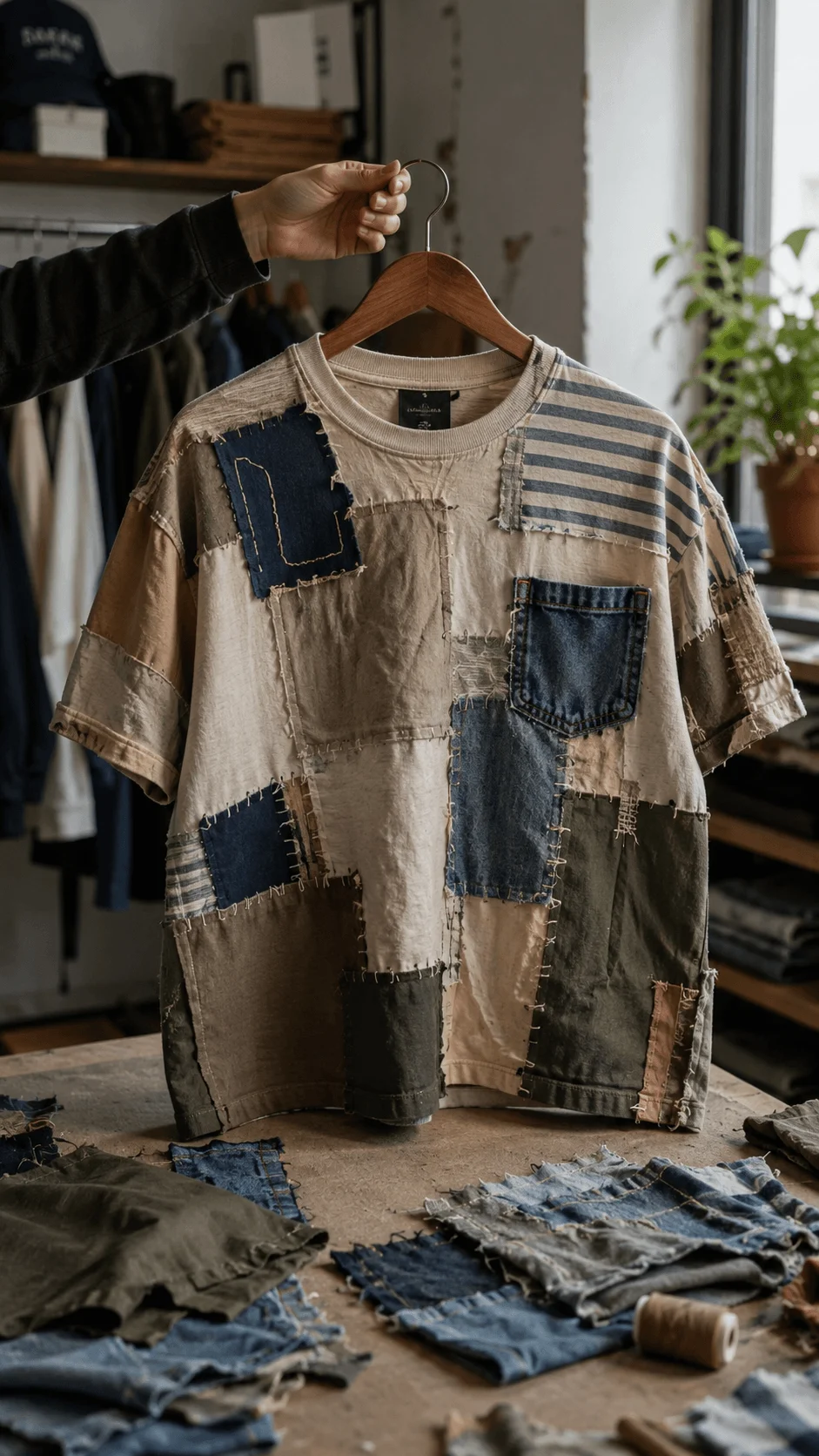 Upcycled and reworked T shirt made with patchwork fabric scraps denim pieces visible stitching and recycled materials