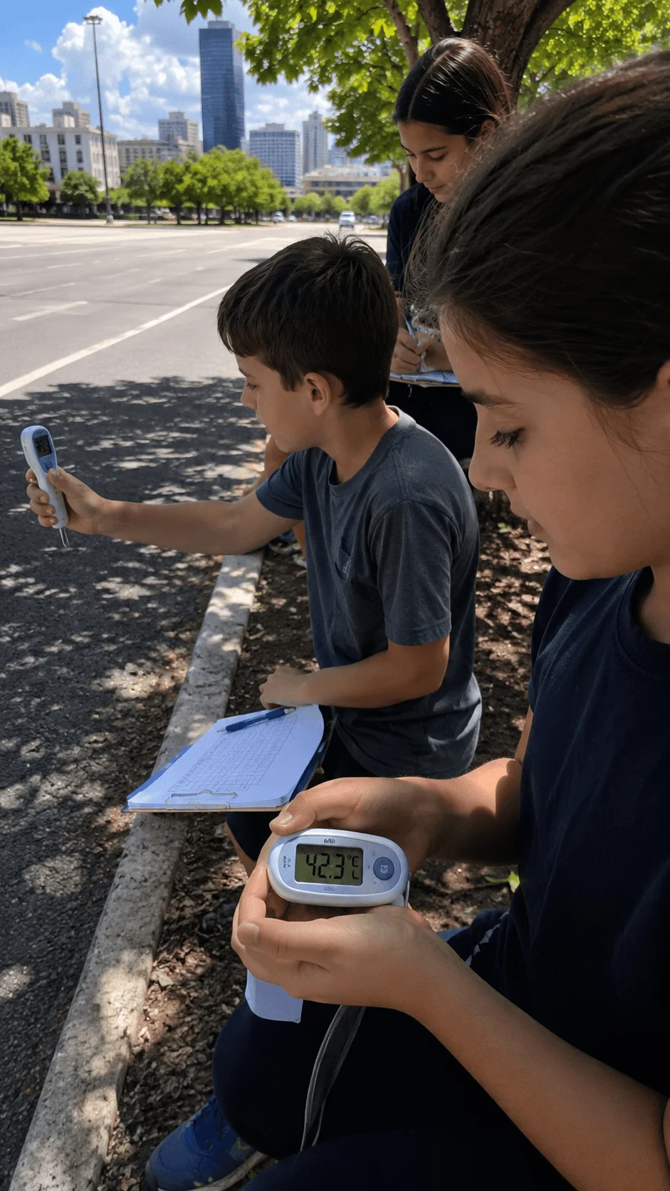 Students conducting an urban heat island investigation by measuring surface temperatures in a city environment recording data on clipboards and comparing heat levels between shaded and paved areas to study the effects of urbanization on local climate.