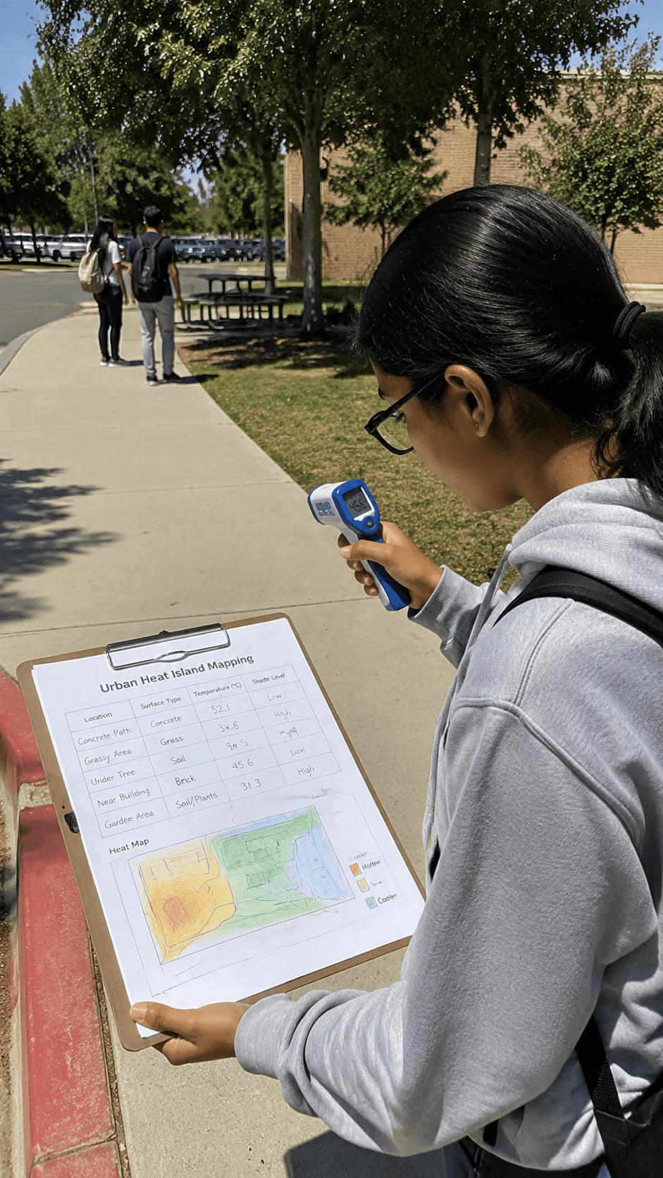 Student measuring outdoor temperatures for an urban heat island mapping project using a thermometer and recording heat data from different surfaces in a school environment