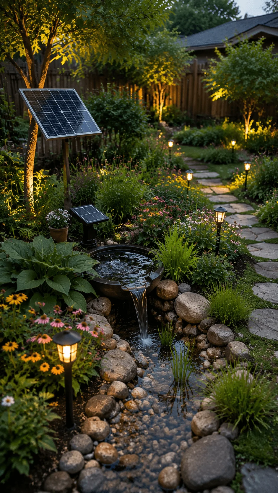 Solar powered backyard garden with illuminated pathway lights water feature flowering plants and renewable energy system creating a sustainable outdoor landscape