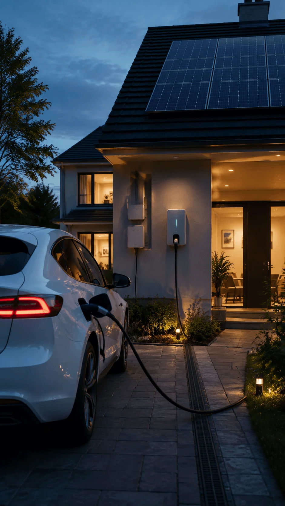 Vehicle to home energy system with electric car charging from solar powered house and smart renewable energy network technology