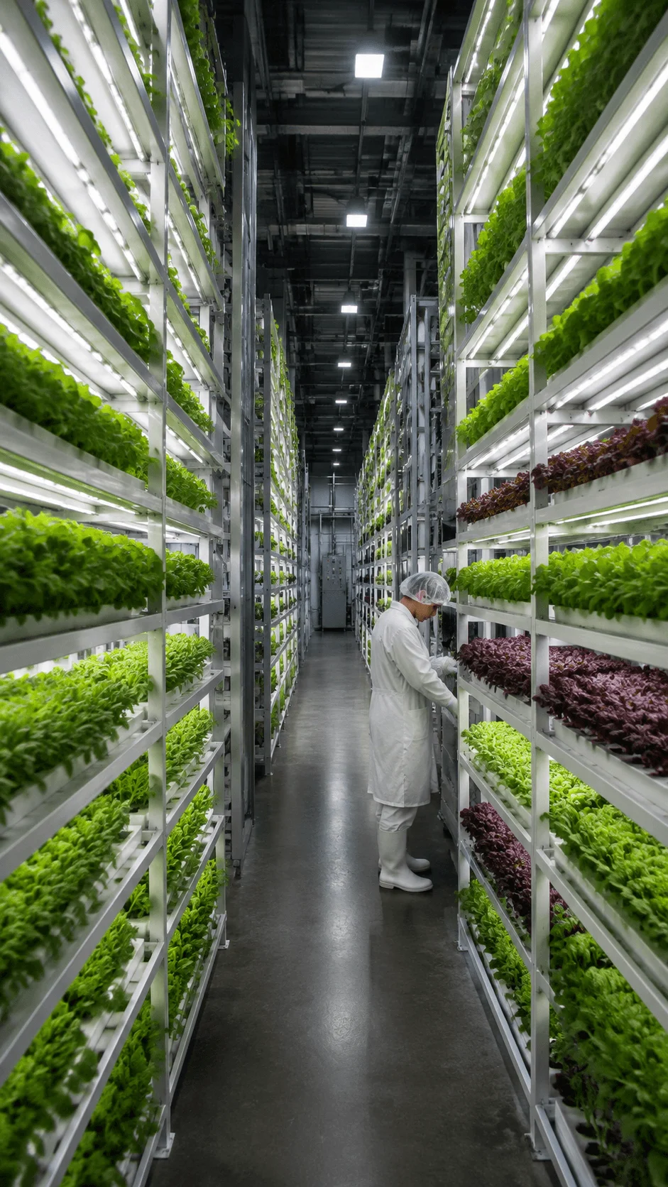 Vertical farming facility with stacked hydroponic growing systems LED lighting fresh leafy vegetables and technician monitoring indoor sustainable food production in a modern controlled environment