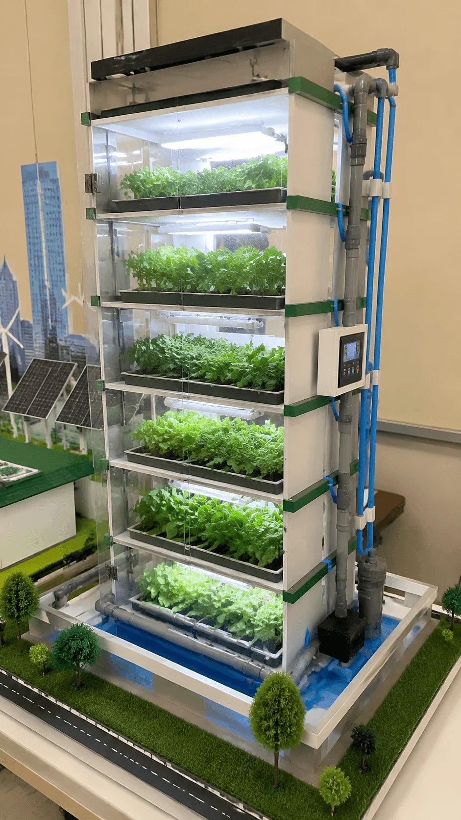 Vertical farming model showing a modern indoor agriculture system with stacked crop layers, LED lighting, hydroponic pipes, automated controls, and efficient urban food production technology
