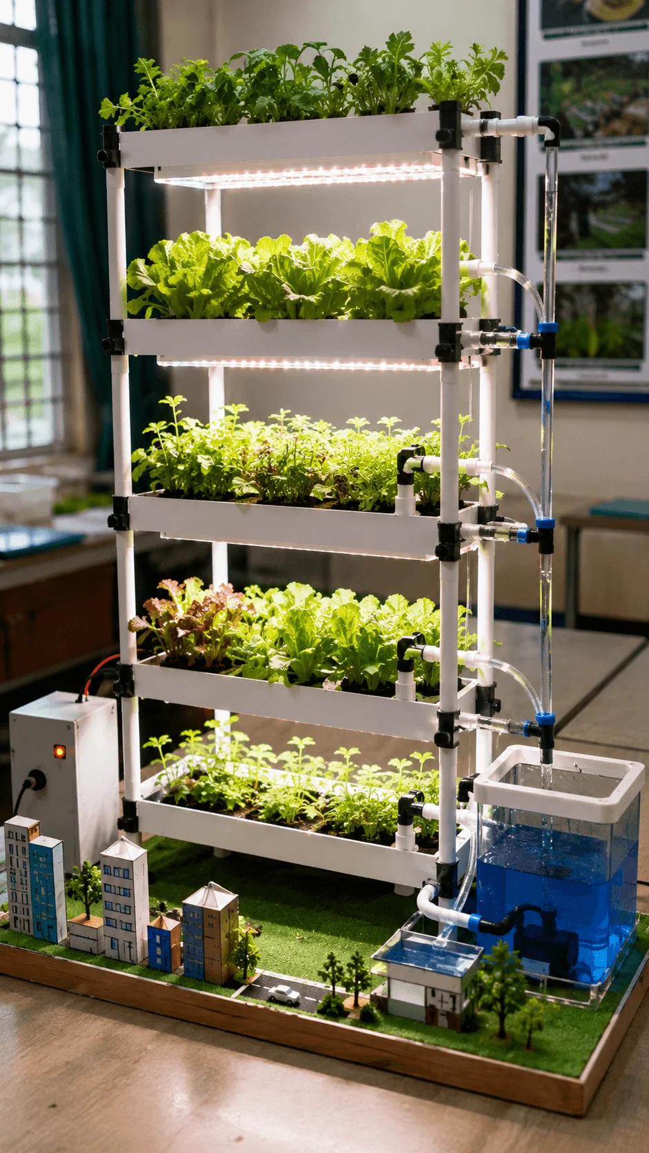 Vertical farming project for urban agriculture showing a multi level hydroponic farm system with stacked crop layers LED lights water circulation pipes and smart city farming design