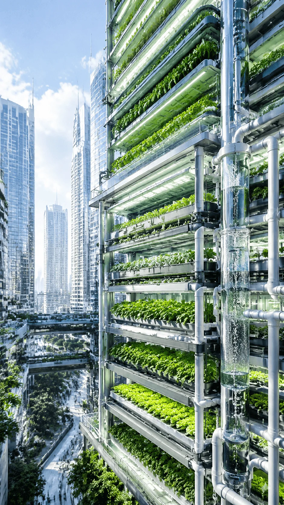 Vertical farming system with stacked green plants growing in a modern urban building using hydroponic technology and sustainable agriculture methods