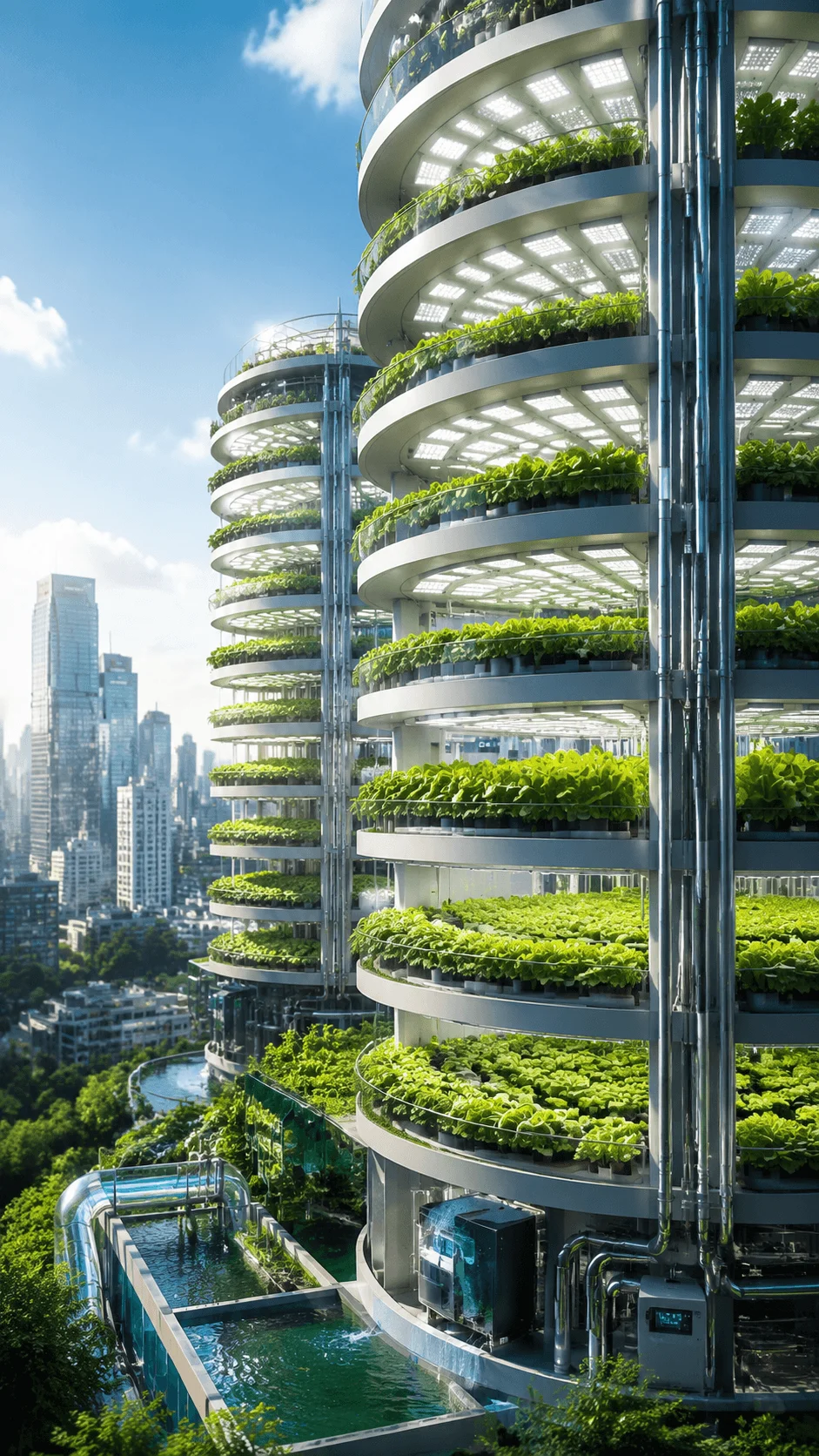 Vertical farming and future agriculture image showing modern urban vertical farms with multiple levels of green crops, LED growing systems, water recycling technology, and sustainable city agriculture design