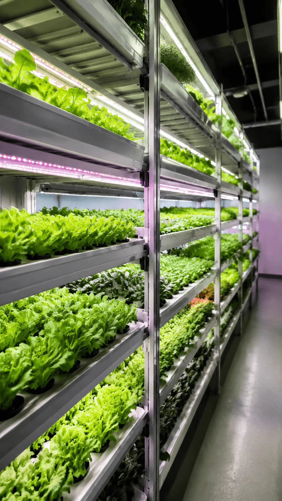 Vertical farming system with stacked layers of green plants growing under LED lights in a modern indoor agriculture facility using space efficient sustainable farming technology