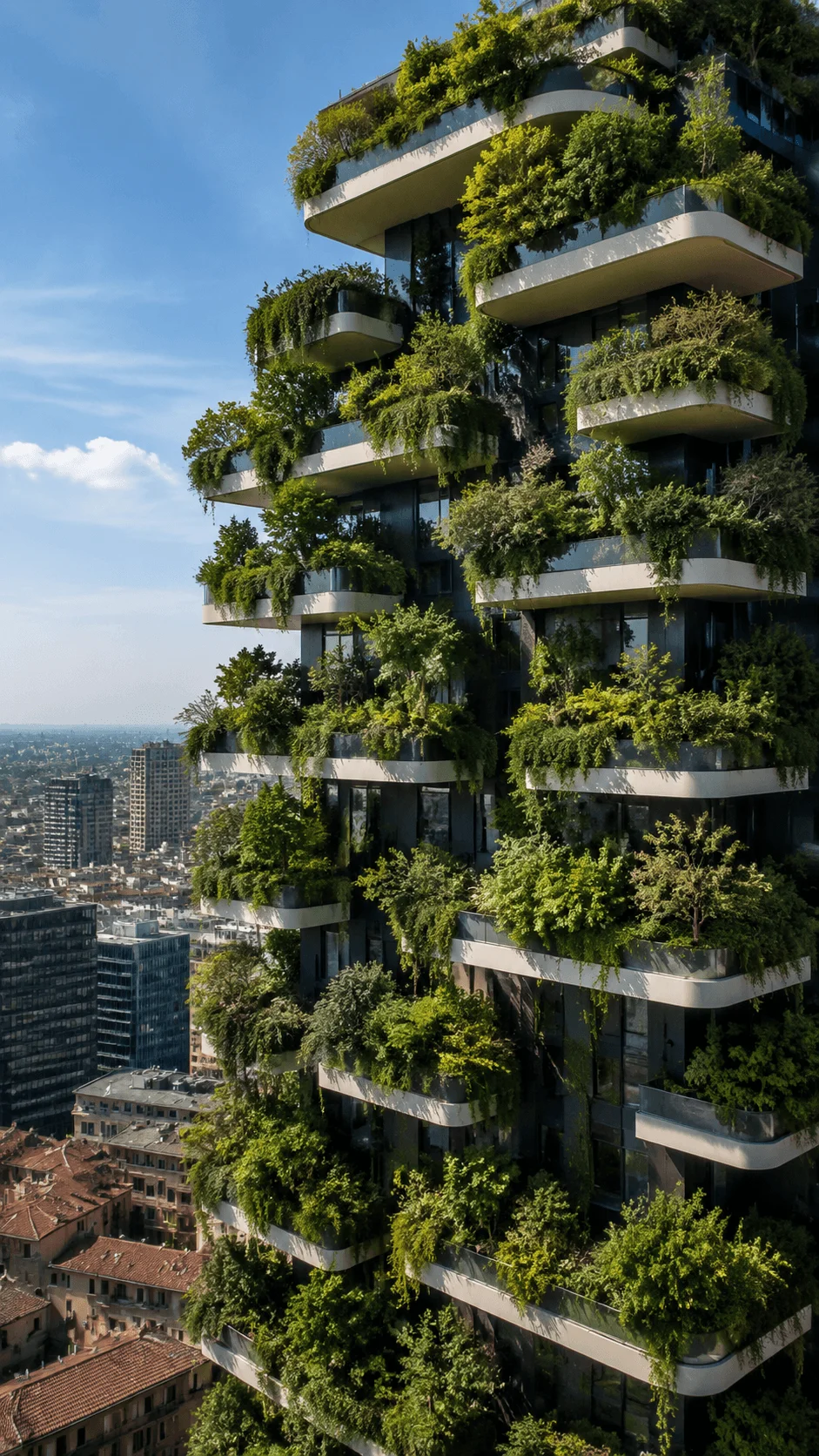 Vertical forest skyscraper covered with lush greenery balconies filled with trees and plants showcasing nature integrated sustainable urban architecture in a modern city