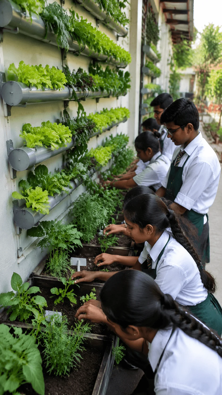 Students working on a vertical garden and urban farming project with hydroponic plants, green walls, and sustainable agriculture activities at school