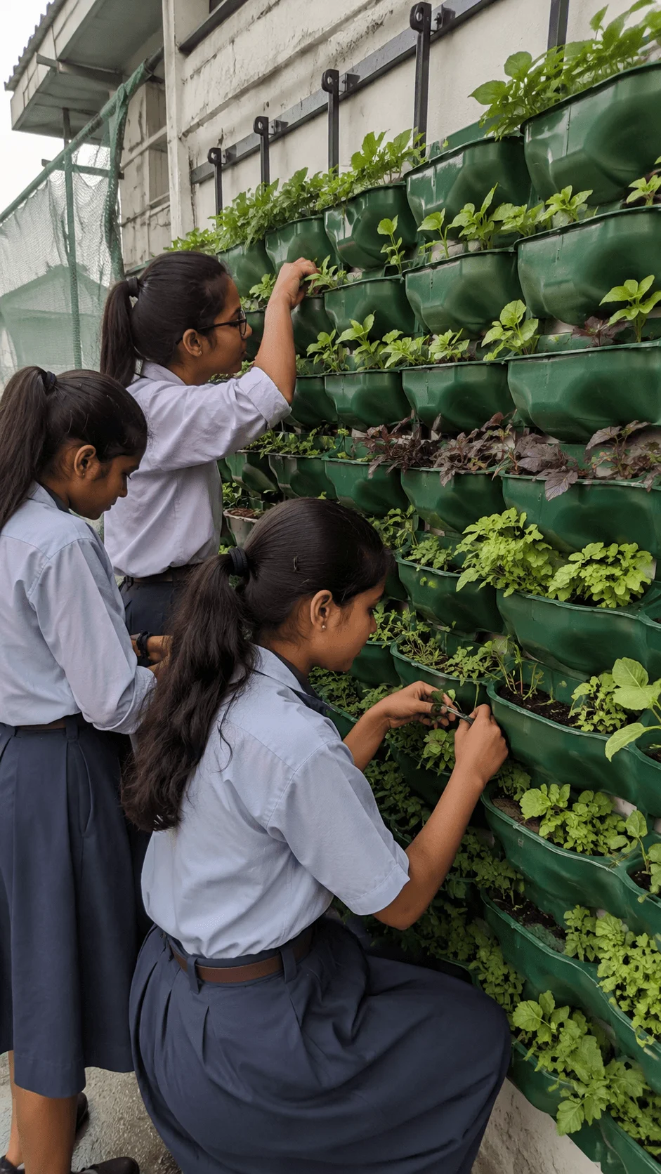 High school students caring for herbs and vegetables in a vertical garden made with wall mounted planters to create green space in a limited school area