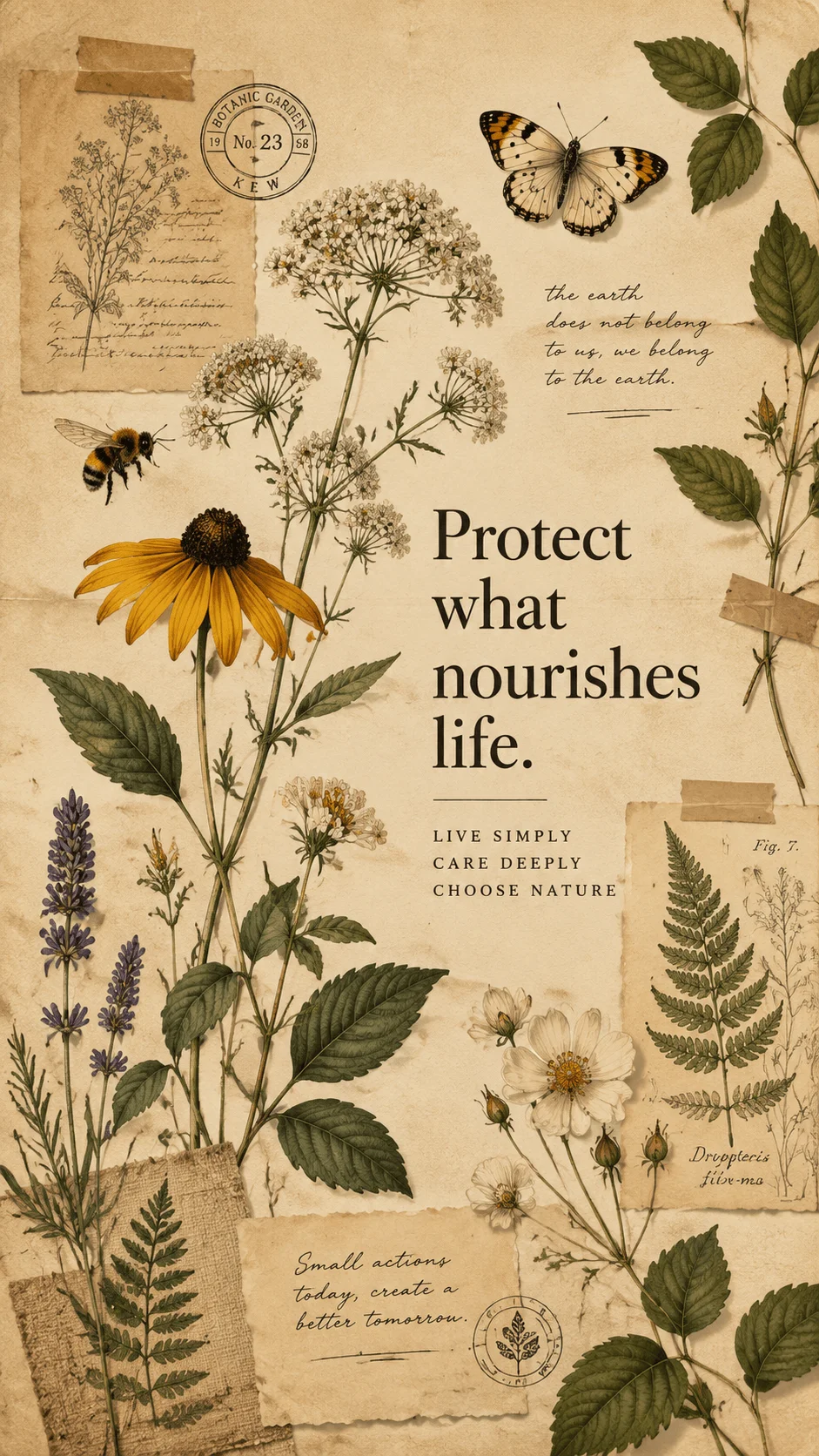 Vintage botanical sustainability poster featuring pressed flowers leaves butterflies and handwritten nature inspired typography on textured paper representing environmental awareness and appreciation for plants and ecosystems