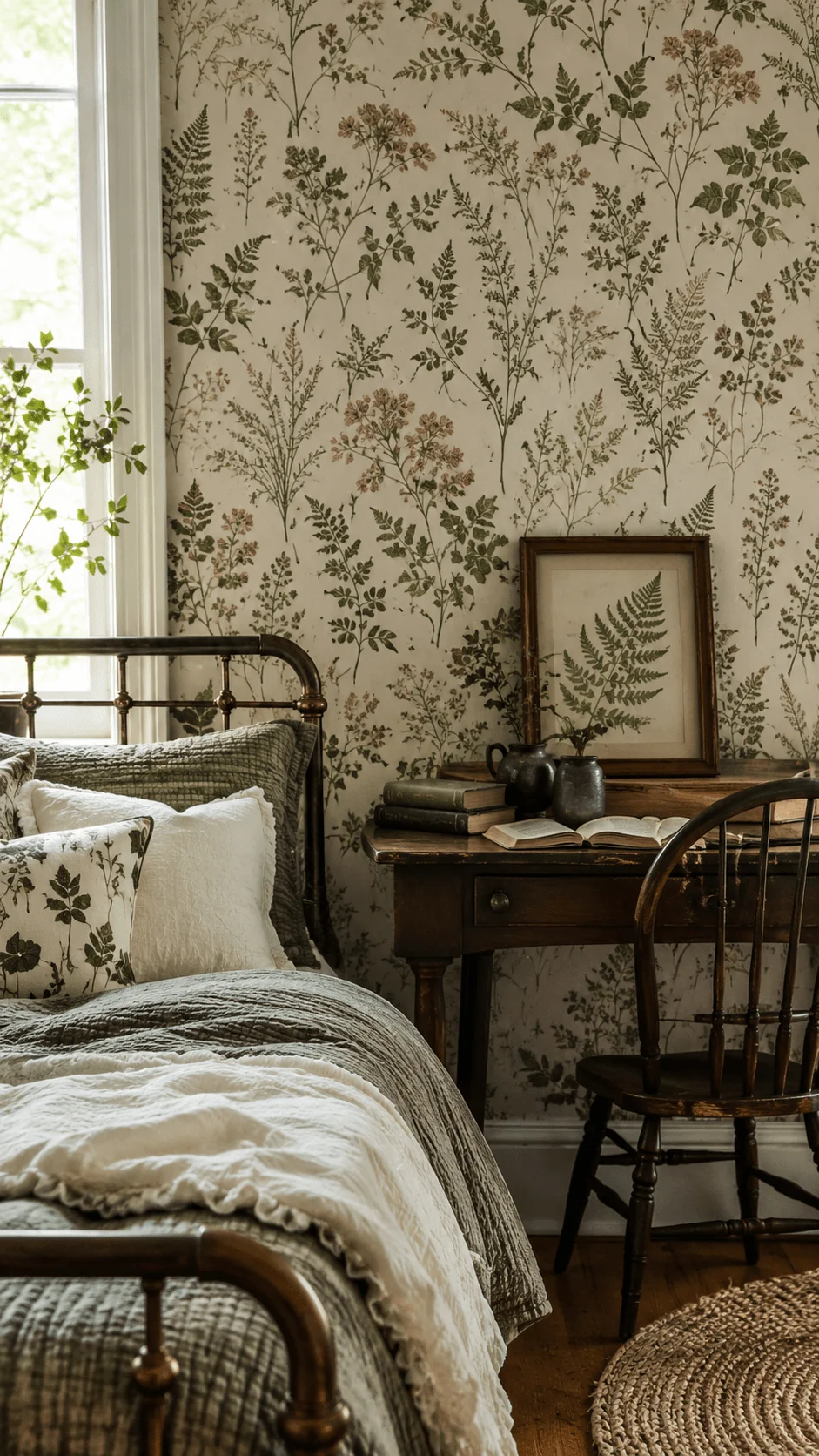 Vintage botanical wallpaper featuring a cozy bedroom with classic floral patterns antique wooden desk framed botanical artwork and slow living inspired natural decor