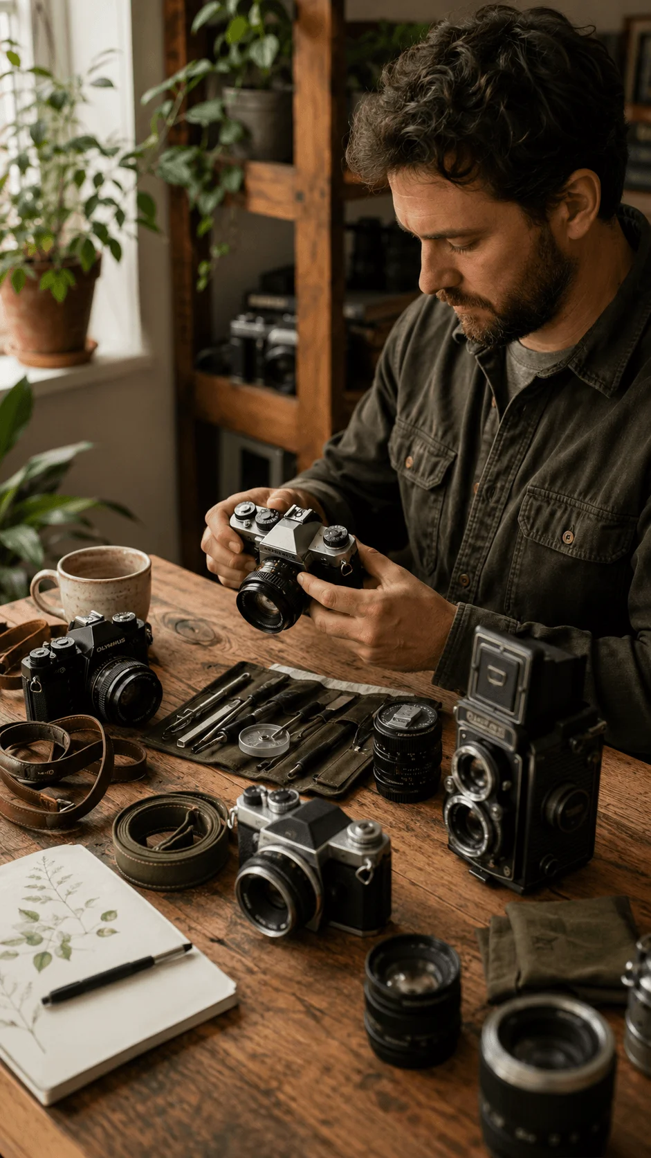 Vintage camera sustainability with a photographer repairing and maintaining responsible photography gear choices