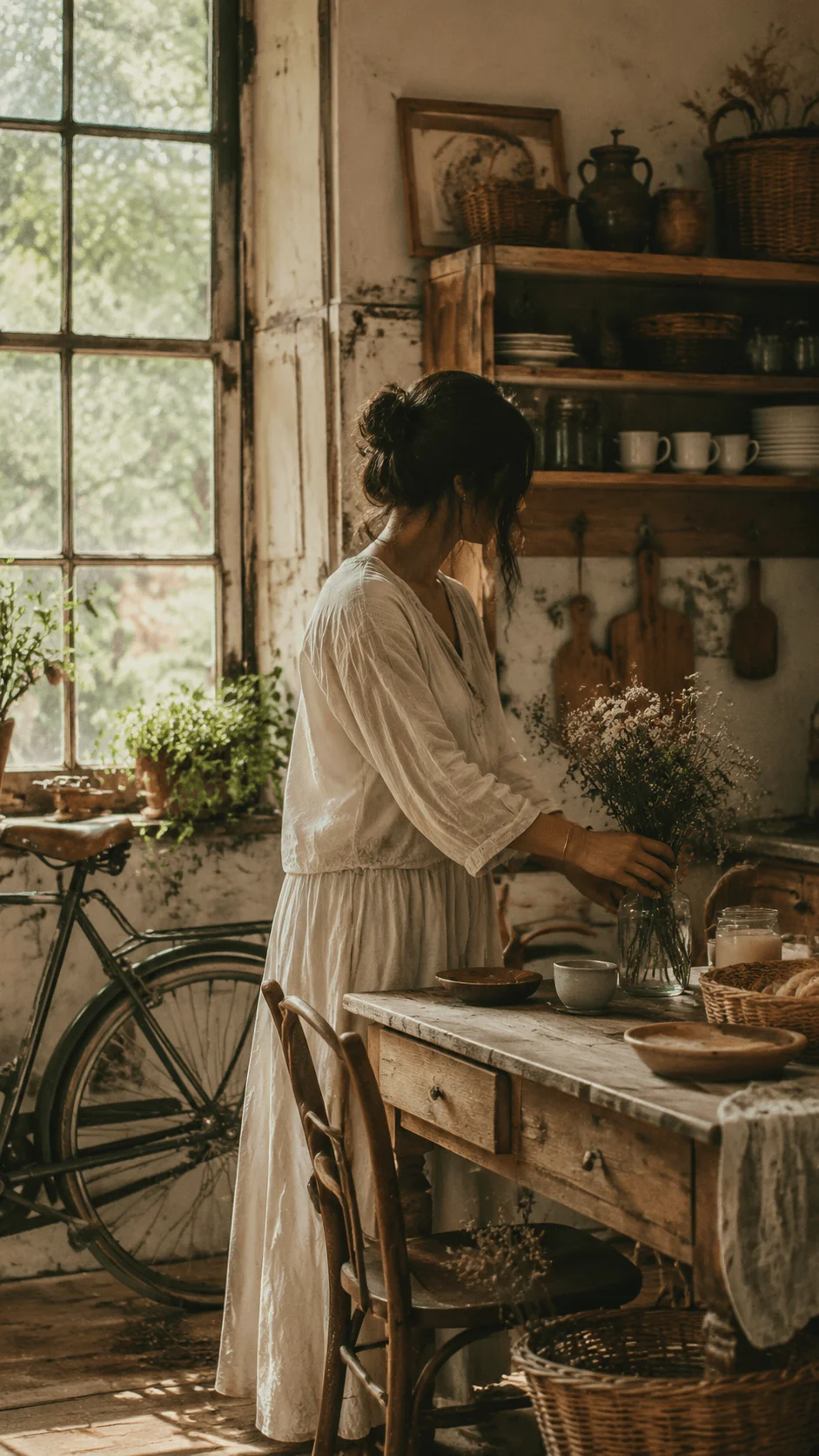 Vintage eco lifestyle photography featuring a rustic kitchen with handmade decor, old bicycle, wooden furniture, natural textures, dried flowers, and a nostalgic sustainable living atmosphere.