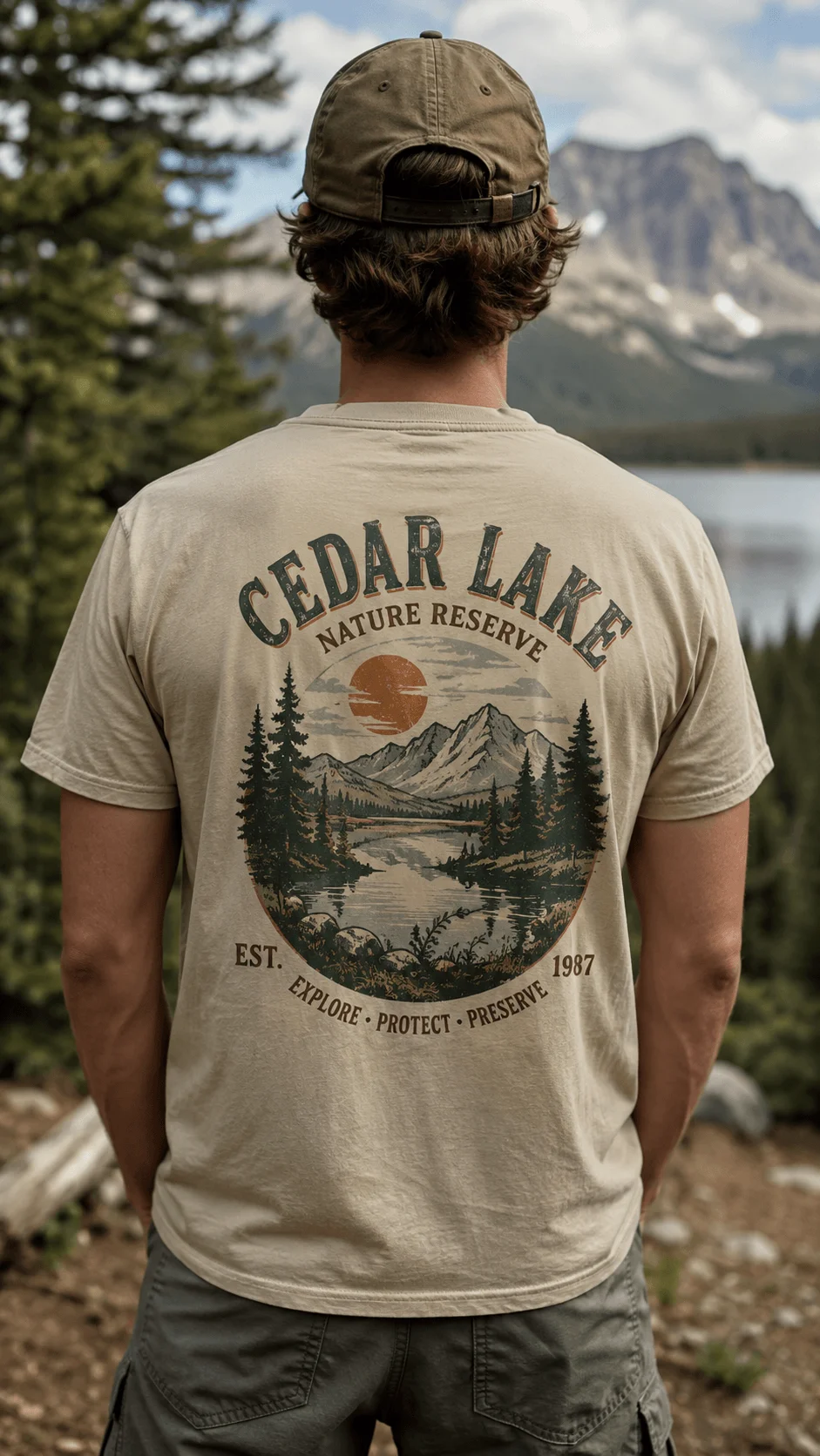 Vintage eco T shirt featuring a retro mountain lake nature reserve graphic worn in a scenic outdoor setting
