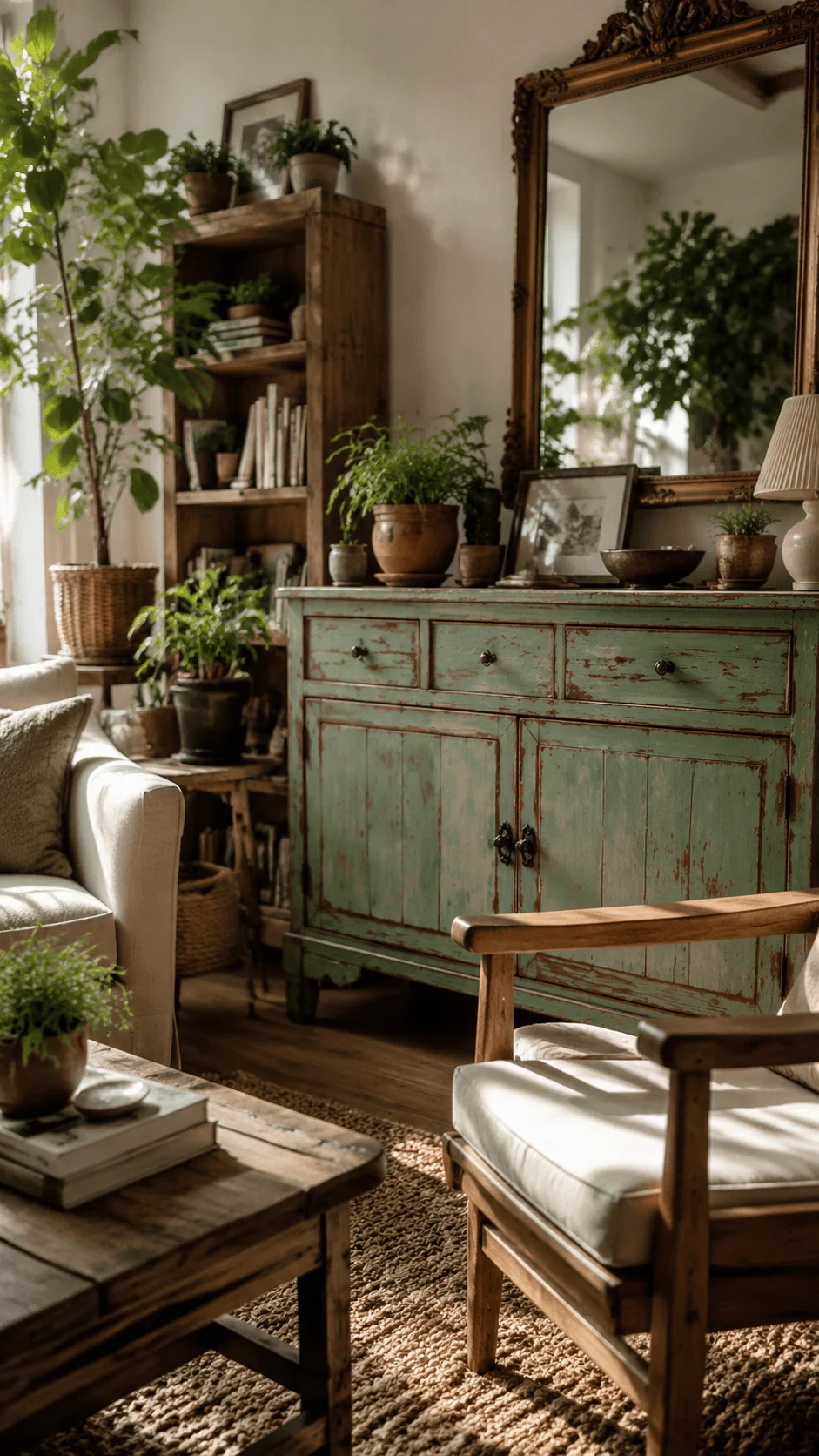 Vintage furniture and upcycled home decor interior with restored wooden furniture, antique cabinet, indoor plants, cozy textures, and a sustainable living space showcasing creative reuse and timeless design
