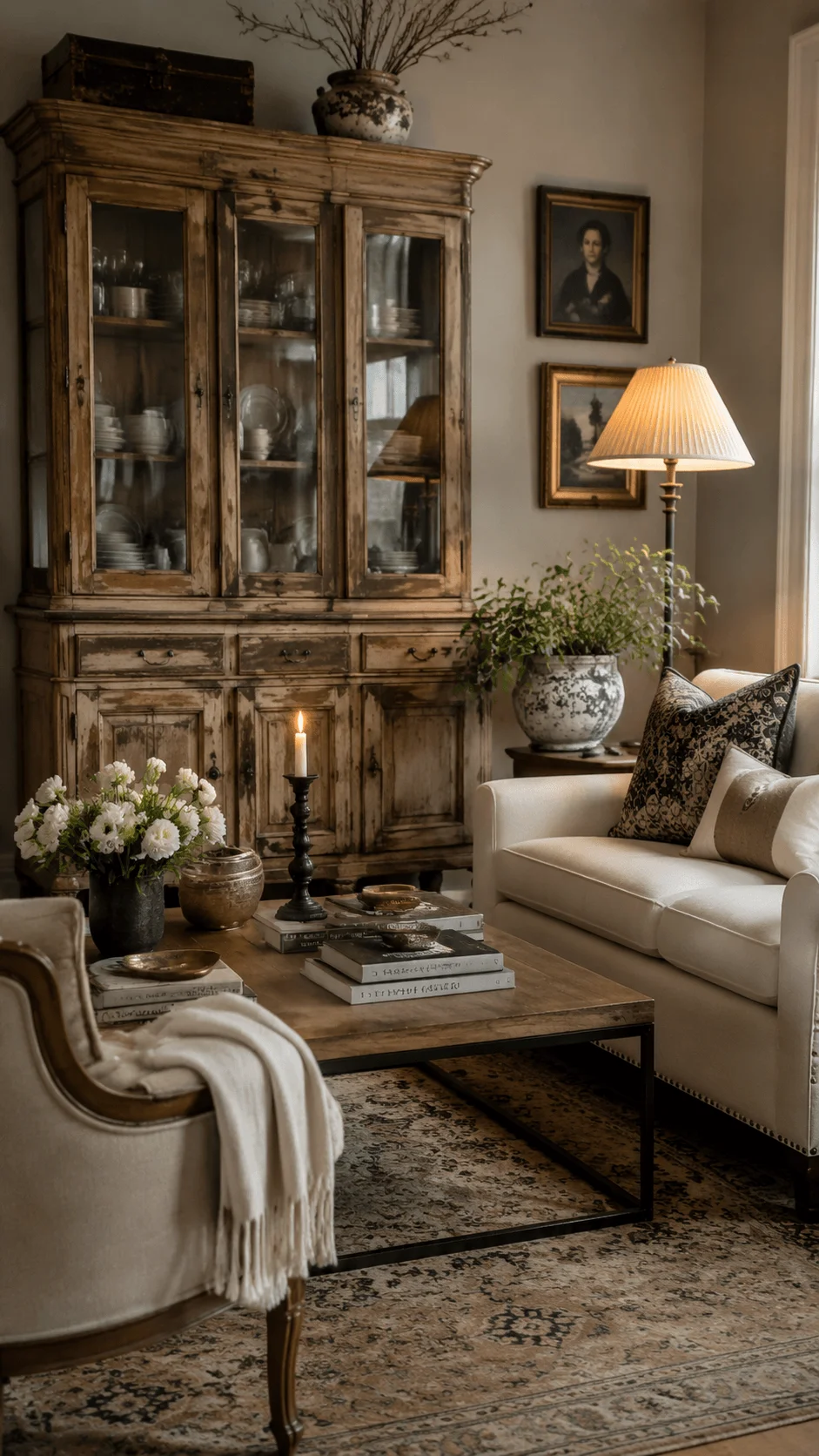 Vintage luxury decor featuring an elegant living room with antique wooden furniture, restored cabinet, classic artwork, warm lighting, timeless accessories, and sophisticated sustainable interior design elements