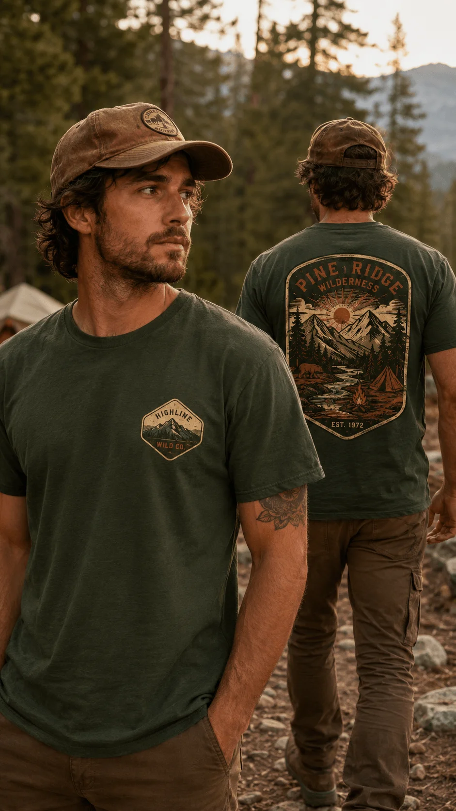 Men wearing vintage outdoor green T shirts with mountain and wilderness graphics in a forest campsite