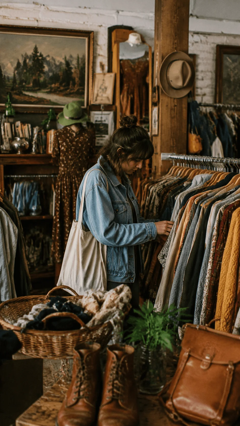 Person shopping for vintage clothing in a second hand store with retro garments, sustainable fashion pieces, and a cozy thrift shop interior with natural decor